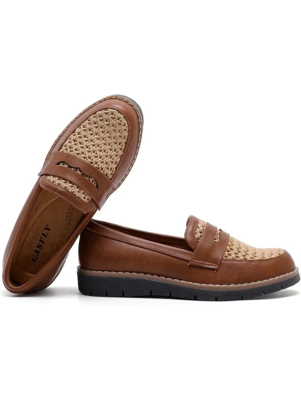 🆕Women's Brown Woven 1 Round Toe Platform Chunky Heeled Loafers Business Shoes